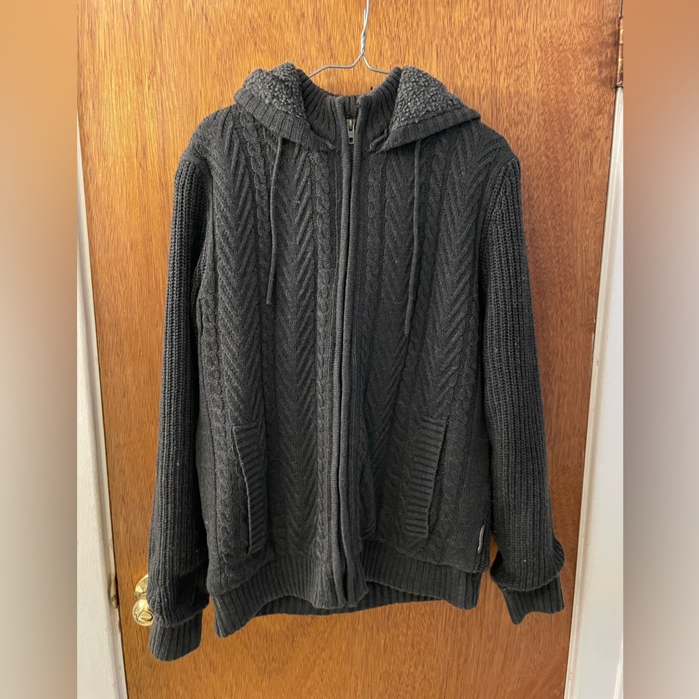 Heavy cable knit zip up hooded cardigan